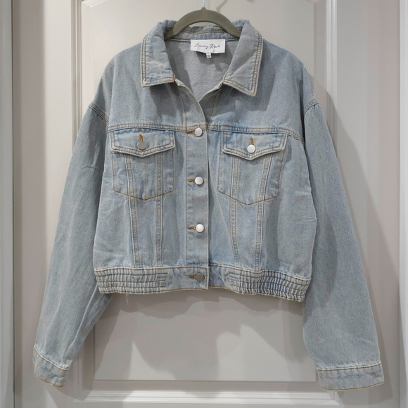 Emory Park Light Blue Wash Cropped Jean Jacket, Elastic Waistband, Unlined, L - Picture 2 of 13
